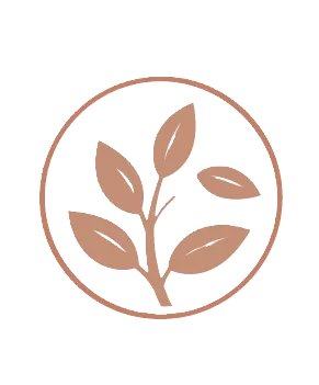 Logo rond illustrant un rameau de feuilles ton beige terracotta sur fond transparent